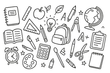 Hand drawn back to school doodle set. Vector line art illustration of education symbols. Sketchy collection of school supplies like backpack, book, globe, pencil, and calculator.