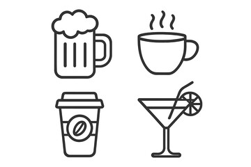 Drink and beverage line icon set. Simple outline symbols for bar, pub, and cafe menus. Vector collection with beer mug, coffee cup, hot tea, and cocktail glass for web design.