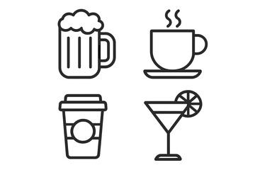 Drinks and beverages line icon set. Coffee, tea, beer and cocktail symbols. Vector pictograms for bar, pub or cafe menu design. Modern outline collection for web and apps.