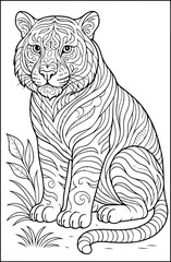 Striped Tiger Sitting In Foliage Jungle Wildlife Coloring Page