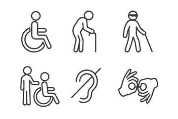 Disability and accessibility thin line icons. Vector icon set includes wheelchair user, blind person, deafness, elderly person and sign language symbols for web and mobile UI.