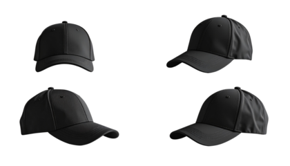  Four Black Baseball Cap Variations, isolated on transparent background