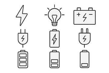 Power and energy outline icons. Battery charge level, plug, lightbulb, lightning bolt pictogram set. Editable stroke for web design, apps. Vector linear symbols collection.