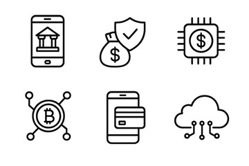 Fintech icons line style set. Digital banking, insurtech, crypto, neobank, cloud tech concepts. Mobile payment, financial security, money protection vector illustration.