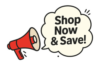 Megaphone with Shop Now and Save speech bubble. Loudspeaker for sale announcement. Marketing and advertising concept for business. Promotion and discount vector illustration.