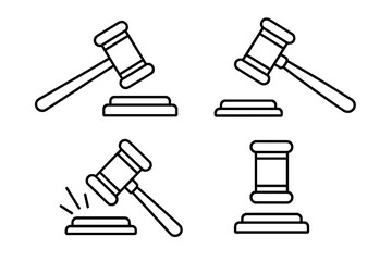 Judicial gavel outline icon set. Judge hammer for auction and court verdict. Law, justice, and legal system symbol. Editable stroke vector illustration for web and print.