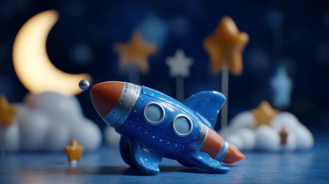 A toy rocket sits on a blue surface amidst stars, clouds, and a crescent moon, creating a whimsical, dreamy scene