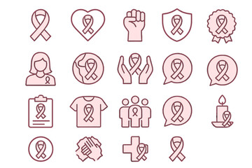 Breast cancer awareness month icon set. Pink ribbon symbol of hope, charity, and support. Medical health campaign elements. Editable stroke vector for web, apps, and UI design.