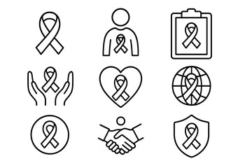 Cancer awareness ribbon line icon set for charity and support. Vector symbols representing hope, solidarity, community, and healthcare for UI, web. Editable stroke illustration.
