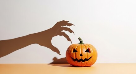 Spooky Halloween: Carved Pumpkin with Monster Claw Shadow on Neu