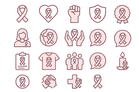 Breast cancer awareness month icon set. Pink ribbon symbol of hope, charity, and support. Medical health campaign elements. Editable stroke vector for web, apps, and UI design. - Powered by Adobe