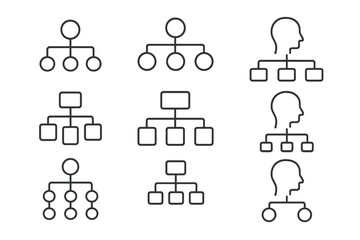 Mind map icon set. Hierarchy and organizational chart. Business structure diagram. Flowchart for planning and process. Brainstorming concept. Head silhouette. Editable stroke vector.