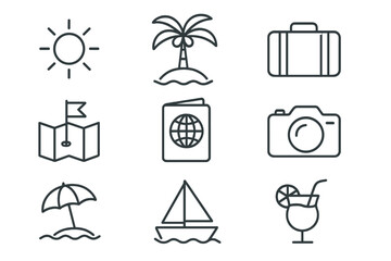 Summer travel icons in line style, vacation and beach symbols collection with sun, palm tree, suitcase, map, passport, camera, umbrella, sailboat, and tropical cocktail for tourism and holiday vector