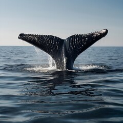 Obraz premium Whale tail emerging from water, horizon empty for overlay