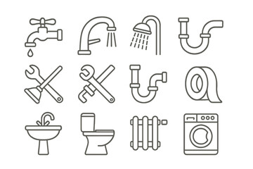 Plumbing and Faucet Icon Set, Bathroom Fixtures Thin Line Vector Pack, Editable Stroke Design for Web, Apps, Cards, Books, Water Tap, Shower, Pipes, Tools