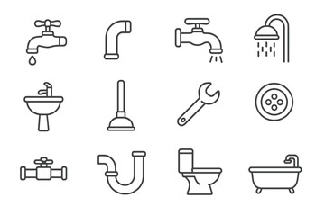 Plumbing and Bathroom Thin Icon Set, Editable Stroke Vector Illustrations, Faucet, Shower, Sink, Toilet, Wrench, Plunger, Pipes, Water Drain, Ideal for Websites, Apps, Books, Cards Design