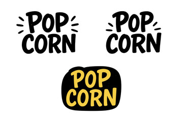 Collection of 3 Hand-Drawn Popcorn Text Labels in Bold Black and Yellow Styles for Vintage Food Signage and Graphic Design on Stock Platforms