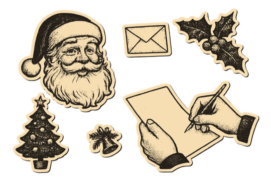 Vintage halftone Merry Christmas collage with hand writing letter to Santa Claus, retro New Year holiday vector stickers, dotted texture festive paper cutout design