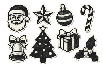 Retro Christmas stickers set with stippling halftone effect, vintage monochrome vector elements including Santa, tree, star, bell, candy cane, gift, holly for holiday decor and New Year greetings