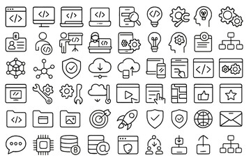 Programming and coding line icon set. Software development, information technology, app developer vector pictograms. Web UI, cloud computing, database, security symbols.