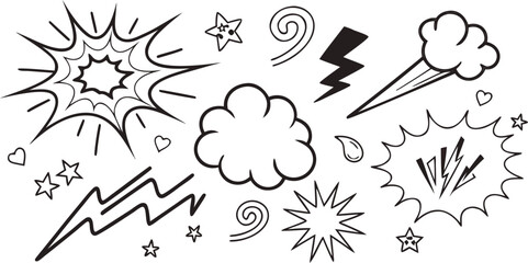 Collection of comic book style sound effects and speech bubbles