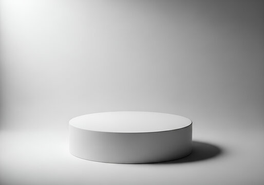 Minimalist white cylinder pedestal stage with dramatic spotlight for product display