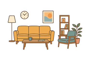 Cozy modern living room interior vector illustration with yellow sofa, blue armchair, coffee table, bookshelf, floor lamp, wall clock, and plant decor in warm tones