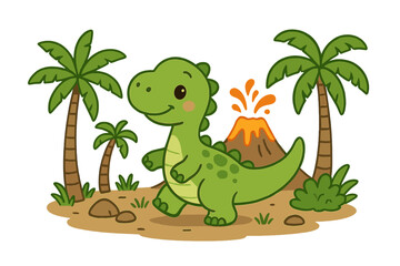 Cute baby dinosaur in prehistoric jurassic landscape. Cartoon vector character illustration with volcano and palm trees. Kawaii dino mascot for kids. T-Rex reptile monster.