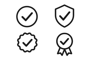 Approved icon set with check mark. Certified quality medal, guarantee seal, and protected security shield. Web defense and safety symbol collection. Vector line style UI signs.