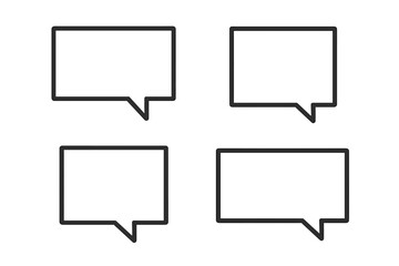 Set of four black outlined rectangular speech bubbles with transparent background, empty chat message boxes, conversation frame icons, dialogue bubbles for text or communication designs