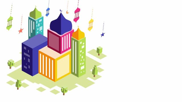 Modern multicolor isometric mosque buildings with festive vector animation