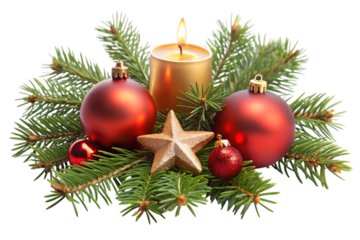 Christmas candle centerpiece with ornaments and pine branches isolated on transparent background