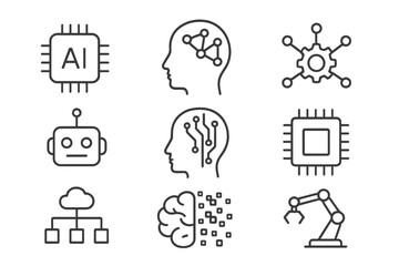 Minimalistic Linear Icons of Artificial Intelligence, AI Neural Network, Robot, Smart Brain Circuits, Cloud Computing, Machine Learning, Digital Technology, Automation, Industry 4.0 Vector Set