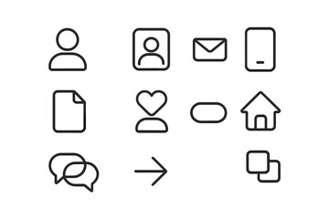 User interface thin line icon set. UI UX web and mobile app pictograms. Vector symbols collection including user, profile, message, document, file, heart, home, chat, arrow, copy.