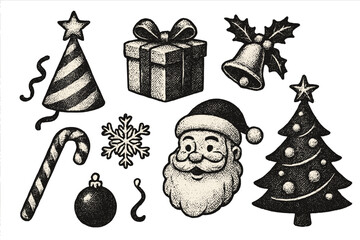 Vintage halftone Christmas dotted overlay elements set, retro holiday party icons, Santa Claus, gifts, Christmas tree, candy cane, bell, snowflake, festive decoration, New Year vector collection