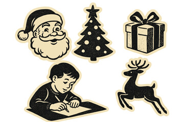 Vintage halftone Merry Christmas collage with boy writing letter to Santa, retro style New Year vector design, paper stickers, festive dots texture, seasonal holiday clipart