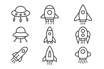 Spaceship Outline Icon Collection, Editable Stroke Vector Cartoon Rockets, UFOs, Spacecraft and Rocket Launch Infographics, Articles, Books, Flyers, and Banners Design