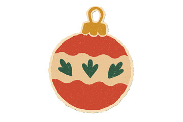 Vintage Christmas tree ball sticker with torn paper effect in naive halftone collage style, festive clay toy ornament illustration, cartoon vector with transparent background