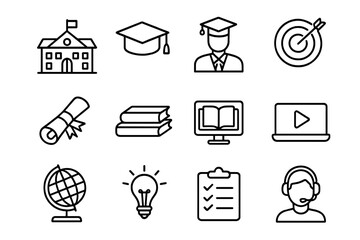 Education and e-learning line icon set. Vector symbols for online courses, school, university. Includes graduation cap, diploma, book, student, idea, and success concepts.