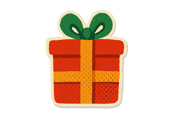 Vintage Christmas Gift Box Sticker with Green Bow, Torn Paper Collage Style, Naive Halftone Vector Illustration, Festive Holiday Present, Cartoon Clay Toy Design