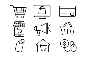 E-commerce and online shopping line icon set. Vector collection of thin line symbols for web shop, digital marketing, mobile payment, credit card, and home delivery concepts.
