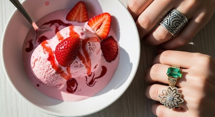 Strawberry Ice Cream in a Bowl with Hands and Rings.