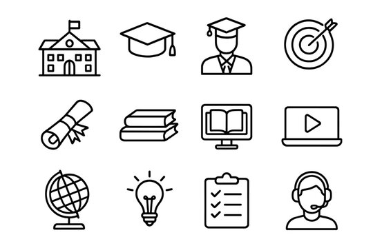 Education and e-learning line icon set. Vector symbols for online courses, school, university. Includes graduation cap, diploma, book, student, idea, and success concepts.