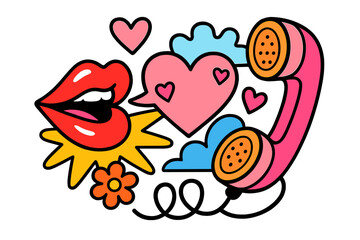 Pop art collage with red lips and retro phone receiver. Love call concept. Y2K aesthetic sticker style illustration for Valentine's Day. Romance, communication, confession.