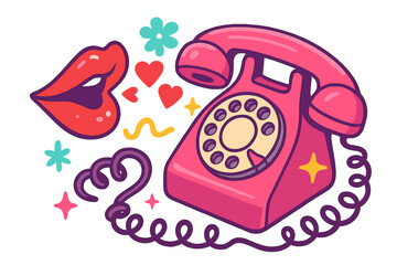 Romantic Y2K pop art vector. Retro pink rotary telephone, sexy red lips blowing kisses, hearts. Love confession by phone concept. Groovy 90s sticker for Valentine's Day.