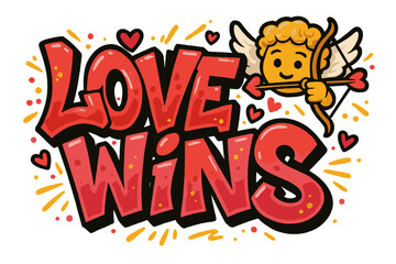 Love wins graffiti lettering with a cute cupid emoticon. Decorative Valentine's day letters in a street art style. Urban hip-hop slogan for t-shirt print or greeting card.