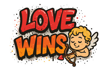 Love wins graffiti with cute Cupid. Valentine's Day street art lettering. Urban hip hop theme for t-shirt print, wall art, greeting cards. Trendy 90s vintage retro design.