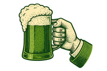 Retro vintage halftone hand holding frothy green beer mug for St. Patrick's Day celebration, retro collage illustration for Irish party and festive beer drinking fun