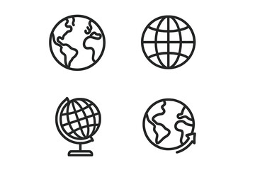Globe line icon set for web and mobile. Planet Earth, world map, and global grid symbols. Vector collection for international business, travel, logistics, and communication.