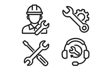 Repair and maintenance line icon set. Vector collection of engineer, mechanic, tools, settings, and customer support symbols. Perfect for UI, UX, and website design concepts.